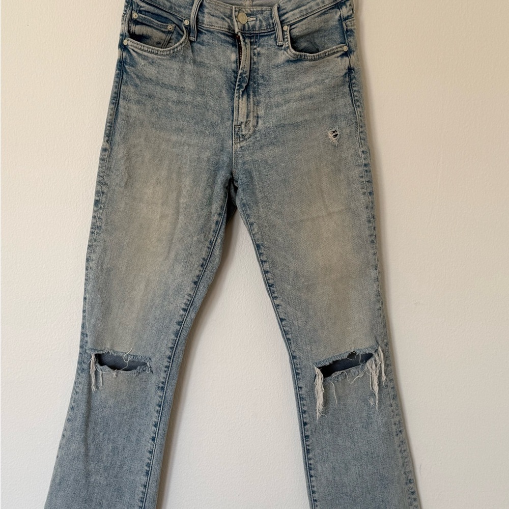 MOTHER Light Blue Distressed Flare Jeans